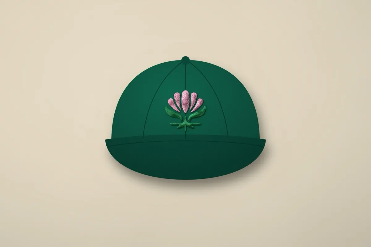 A green cap with the pink and green Bloom flower stitched on the front.
